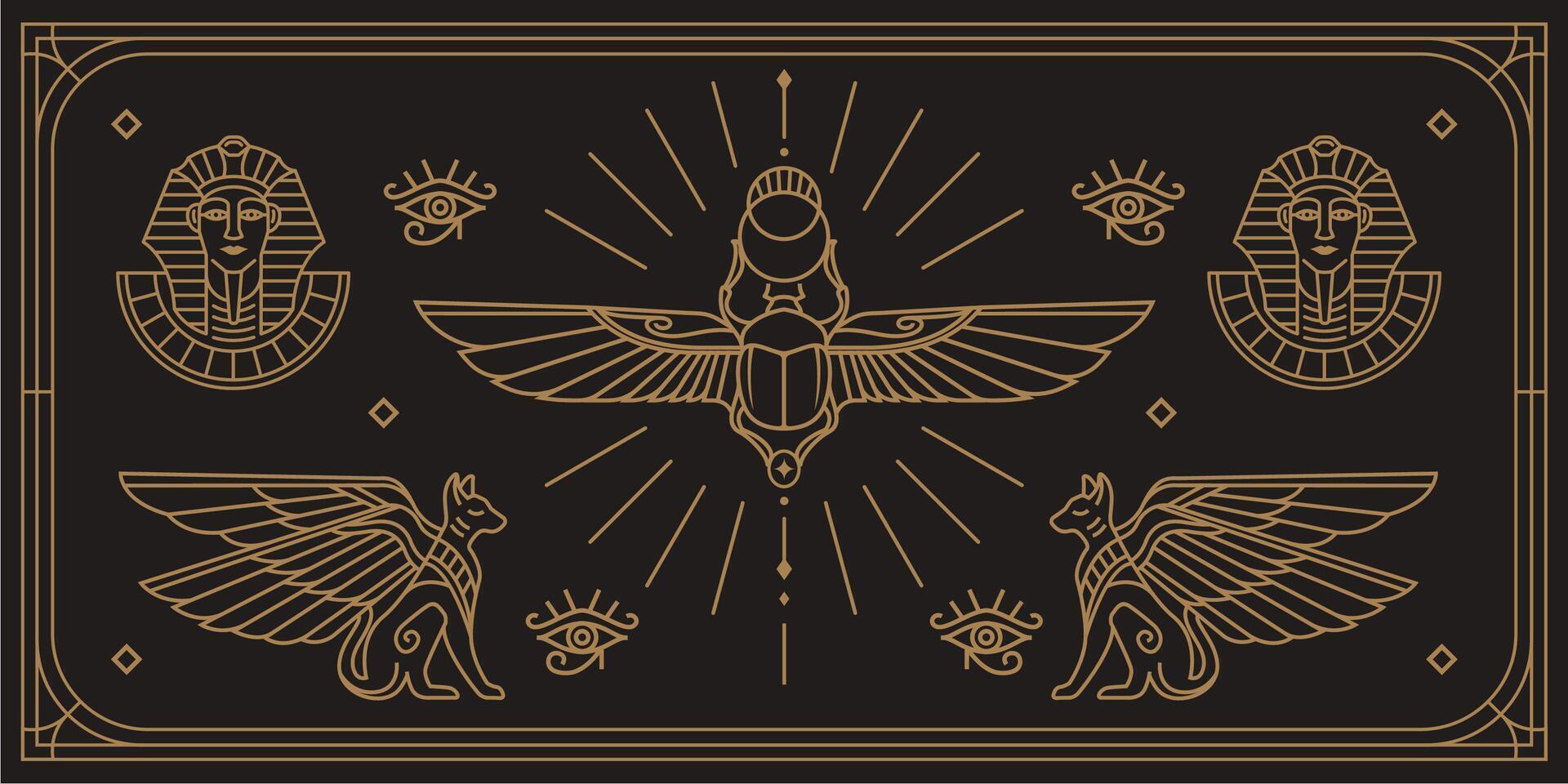 esoterisch uralt Ägypten Kunst Dekoration Illustration mit verschiedene Symbol. Sammlung von ägyptisch Jahrgang Kunst von Pharao, Katzen und Skarabäus Hintergrund vektor