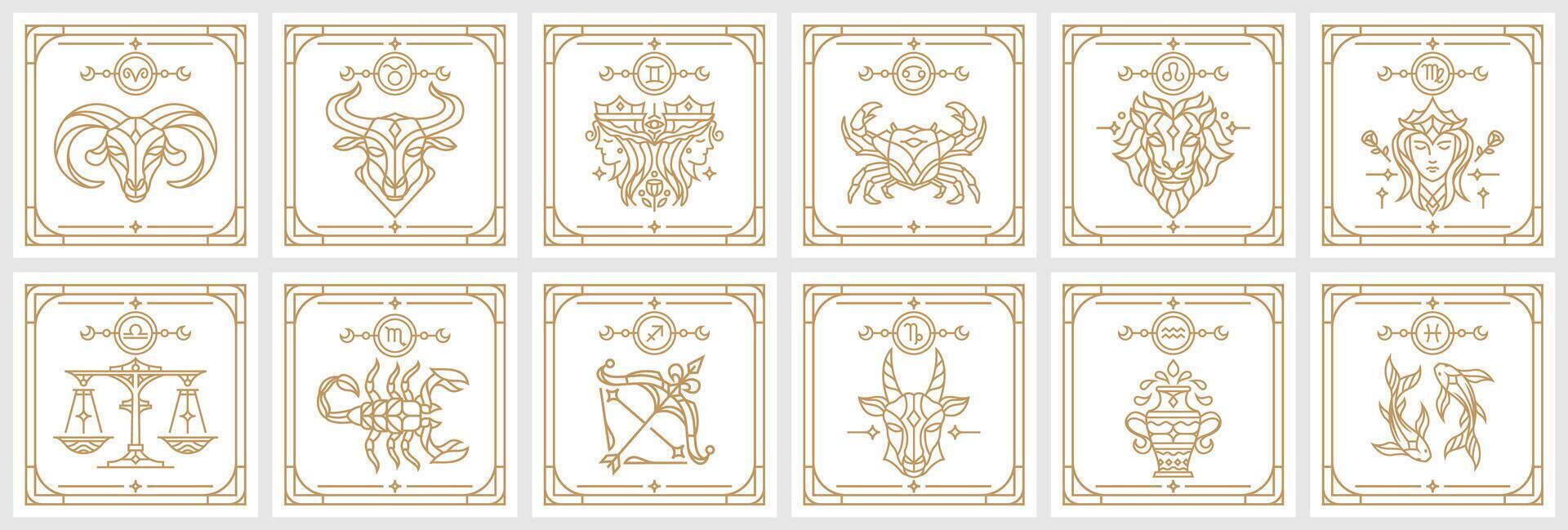 samling av zodiaken astrologi horoskop tecken linjär design vektor illustrationer uppsättning. elegant linje konst symboler och ikoner av esoterisk stjärntecken horoskop mallar för logotyp eller affisch