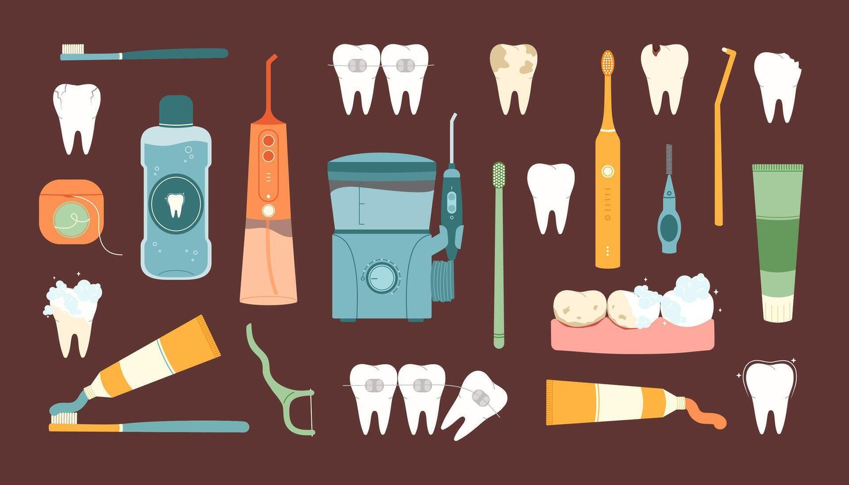 Zähne Gesundheit, Dental Pflege Satz. Sammlung von Oral Hygiene Reinigung Werkzeuge und anders Zähne. eben Vektor isoliert Illustration