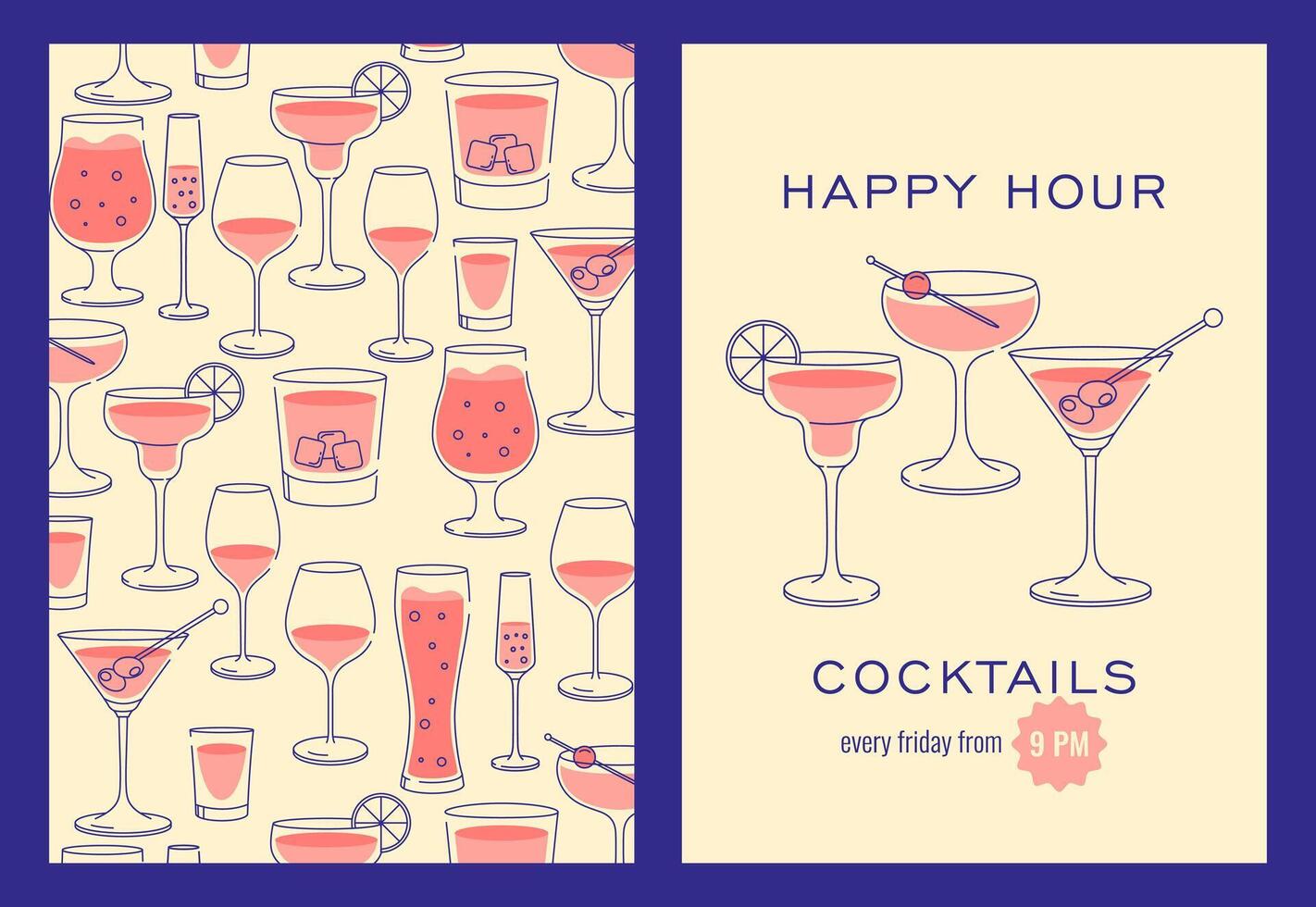 modern eben glücklich Stunde Cocktails druckt Satz. bunt Hintergrund mit Cocktail Brille. Cafe, Bar und Restaurant Konzept Poster und Netz Banner. Vektor Illustrationen.