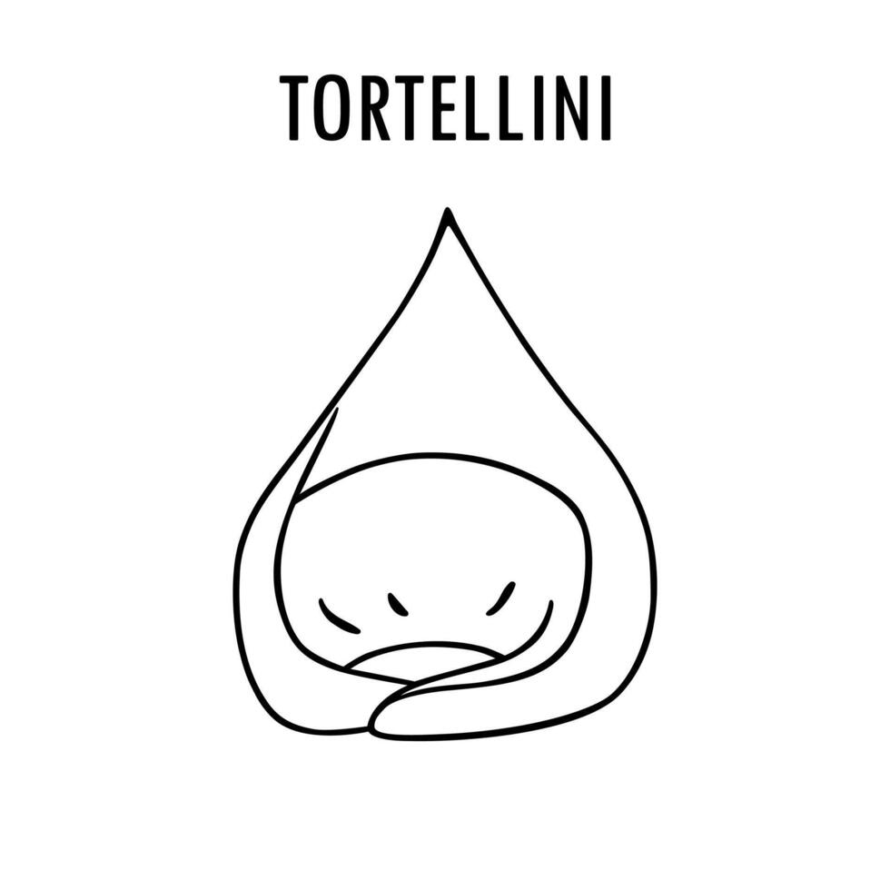 tortellini pasta klotter mat illustration. hand dragen grafisk skriva ut av kort makaroner typ av fylld pasta. vektor linje konst mat ingrediens av italiensk kök