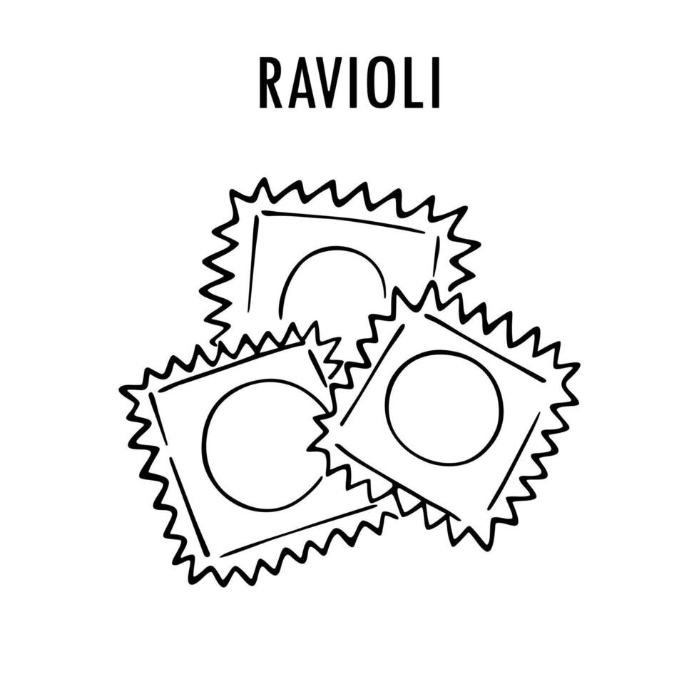 ravioli pasta klotter mat illustration. hand dragen grafisk skriva ut av kort makaroner typ av fylld pasta. vektor linje konst mat ingrediens av italiensk kök