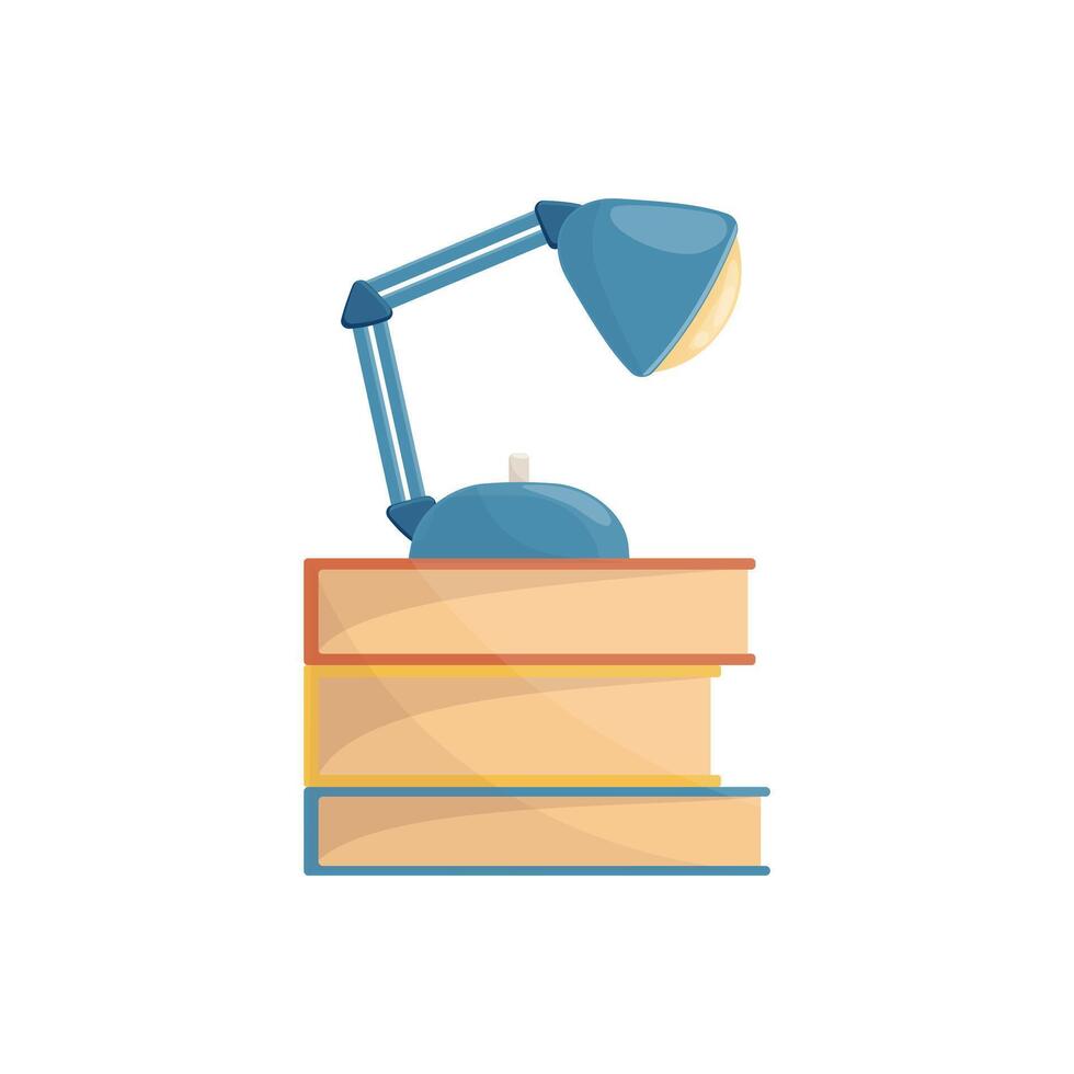 ljus tecknad serie illustration av stack av böcker och tabell lampa för studerar. grafisk skriva ut begrepp av läsning, kunskap och utbildning. vektor färgrik skola och vetenskap element