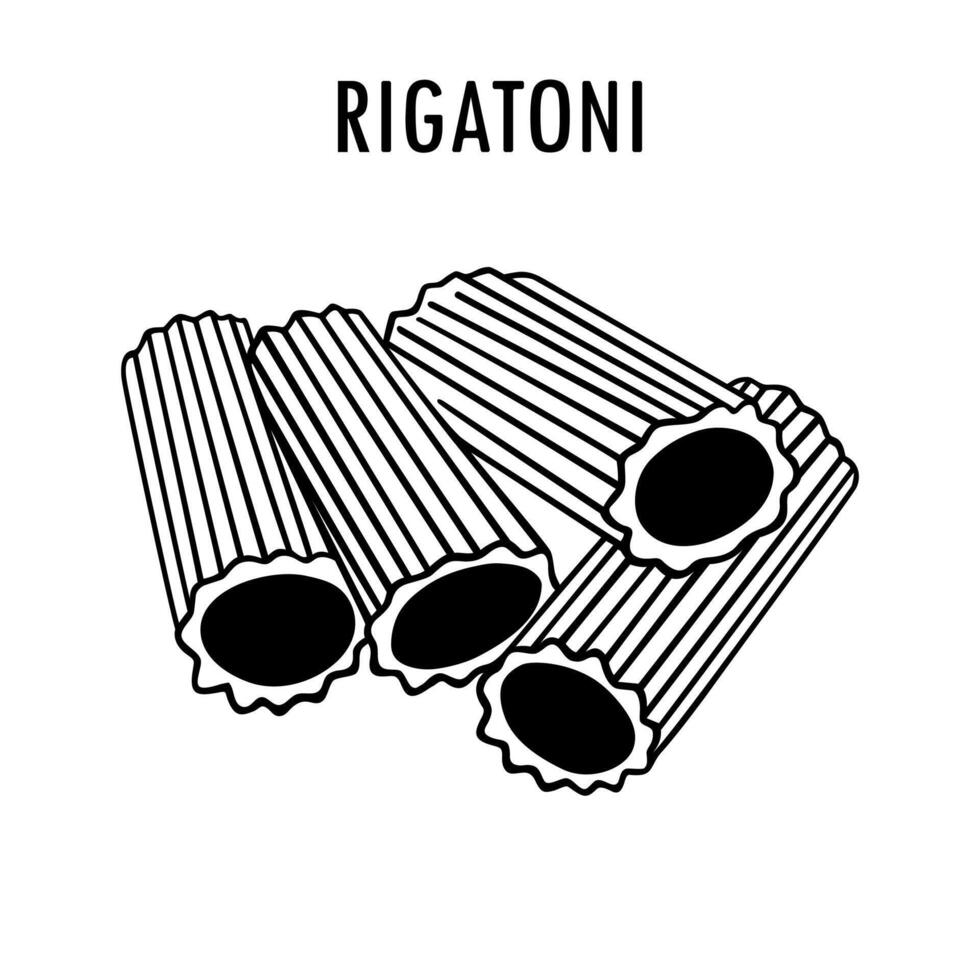 rigatonien pasta klotter mat illustration. hand dragen grafisk skriva ut av kort makaroner typ av pasta. vektor linje konst element av italiensk kök