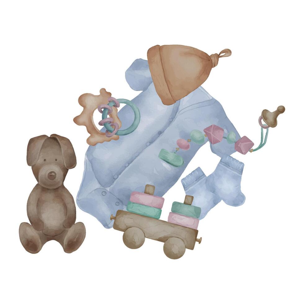 vattenfärg illustration med bebis kläder och leksaker isolerat på vit bakgrund. hand dragen bebis kroppsdräkt i neutral Färg. målad mjuk vovve och tåg. element för dekorera en rum nyfödd vektor