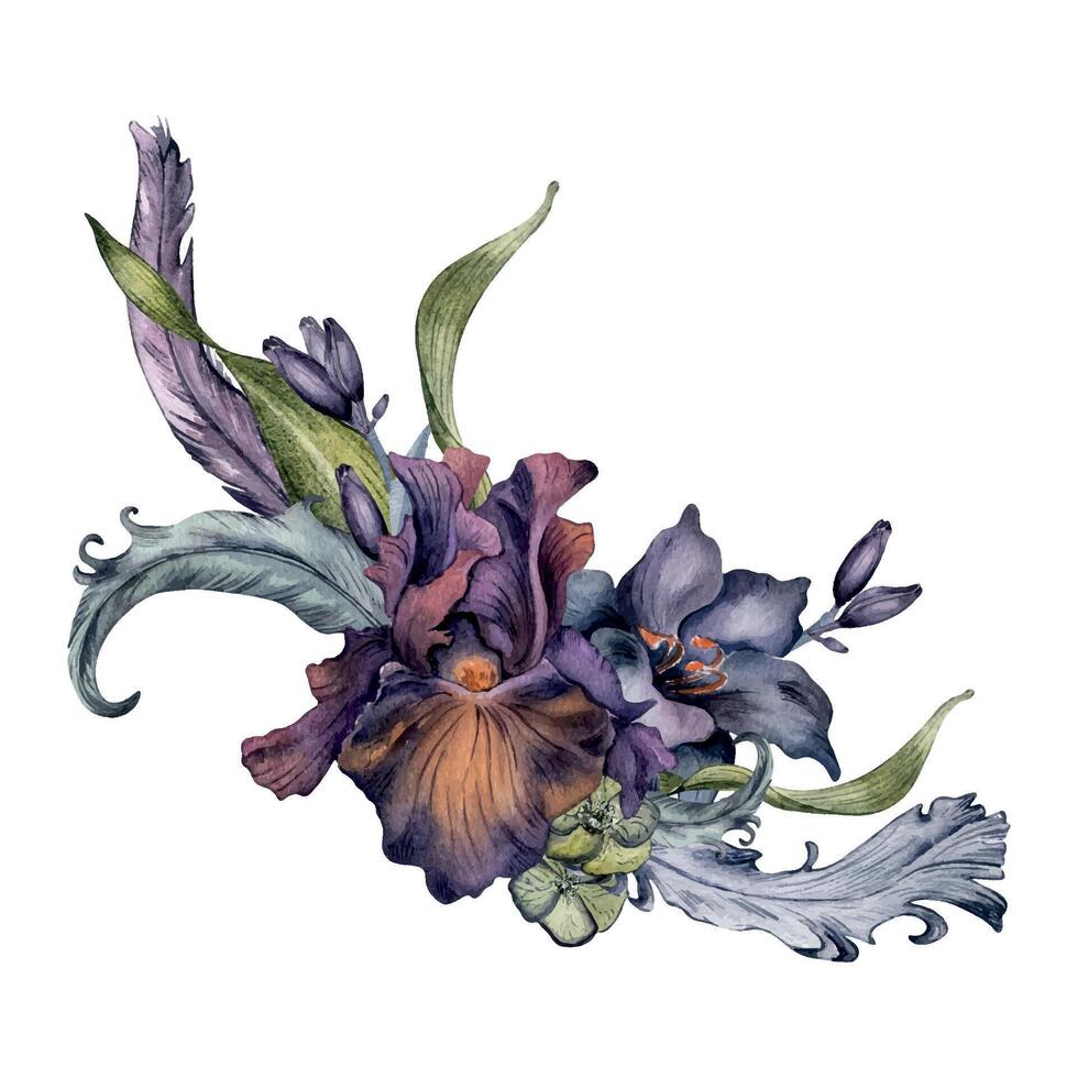 mystisk blommig vattenfärg illustration och fjädrar isolerat på vit. gotik växt element hand ritade. mörk botanisk bröllop dekoration med lilja, iris. element för paket, kort, utskrift vektor