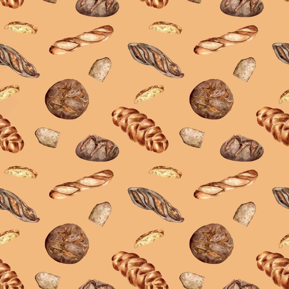 anders Art von Stangenbrot und Roggen Brot Aquarell nahtlos Muster isoliert auf Beige. Hand gezeichnet Laib. gemalt Challah. Illustration von Brot. Element zum Design Bäckerei, Paket, Papier Verpackung vektor