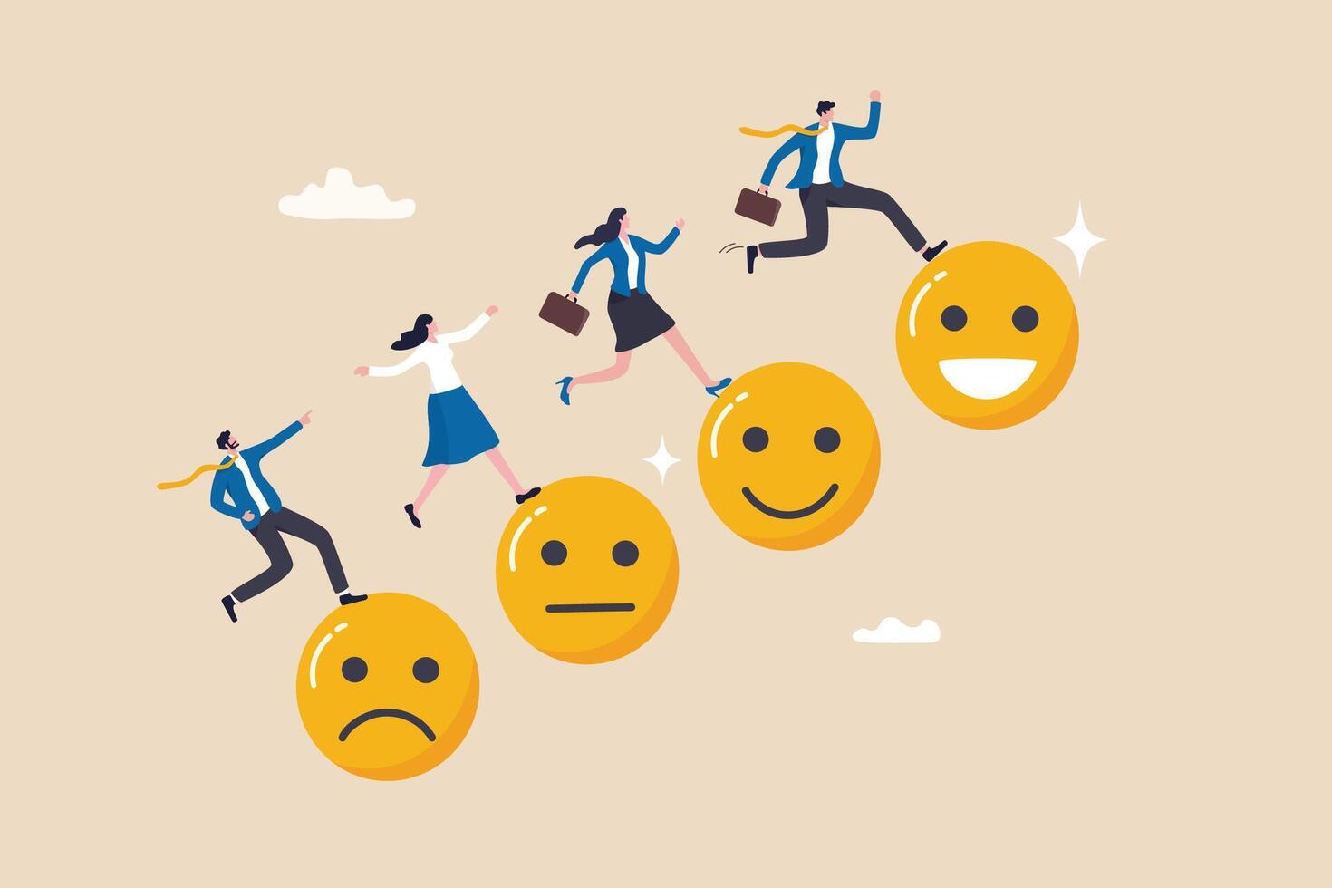 Mitarbeiter Glück, Wohlbefinden oder positiv Attitüde, emotional Intelligenz zu verbessern Erfolg, froh Arbeit oder optimistisch Konzept, Geschäft Menschen springen von Angst zu Freude lächelnd Gesicht Emoticon. vektor