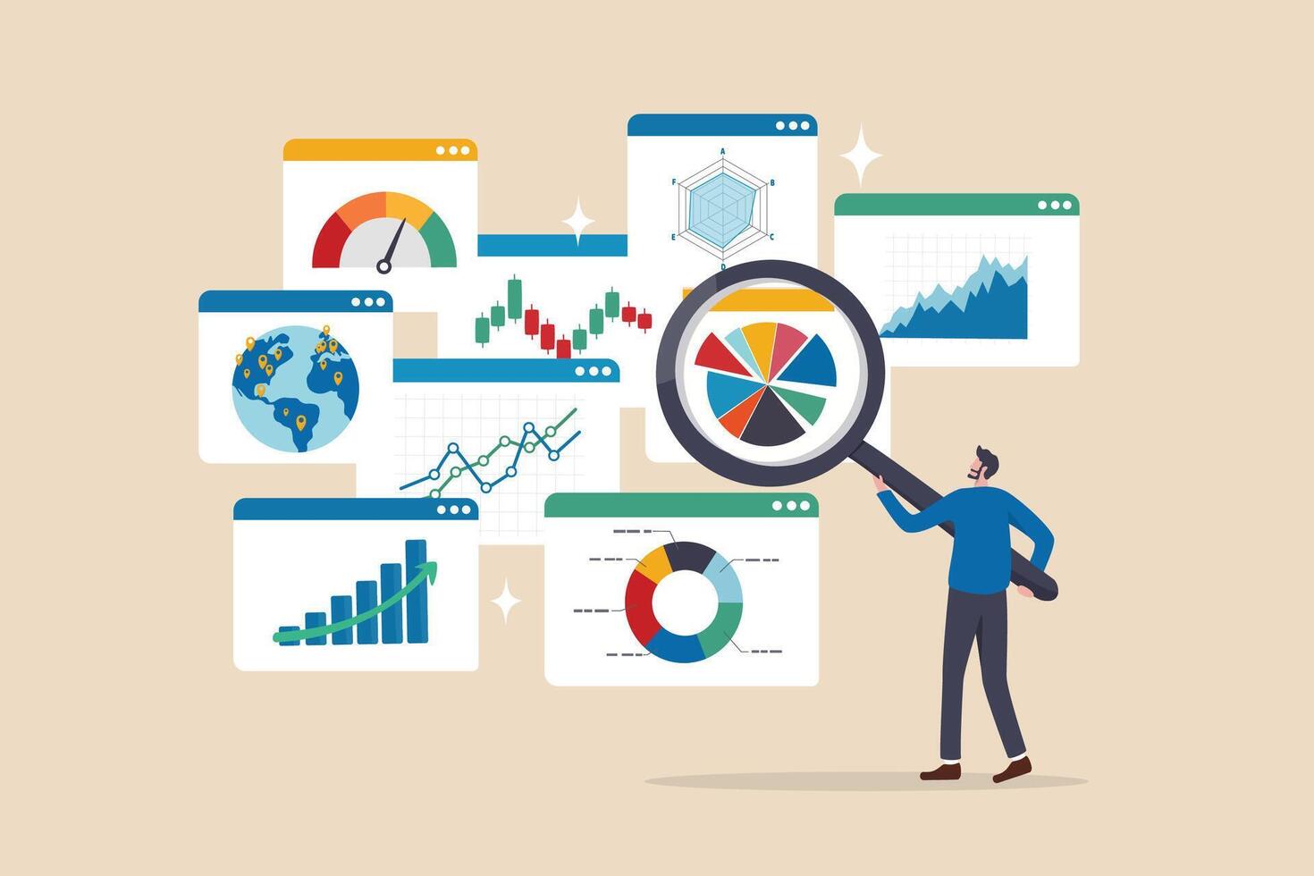 Analyse Bericht Forschung Ergebnis, Diagramm und Diagramm Armaturenbrett, finanziell Graph Statistiken, analysieren Daten, SEO oder Optimierung Konzept, Geschäftsmann mit Vergrößerung Glas analysieren Forschung Diagramm und Graph. vektor