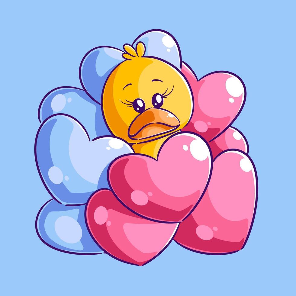 süß Ente ist im ein Stapel von Herzen vektor