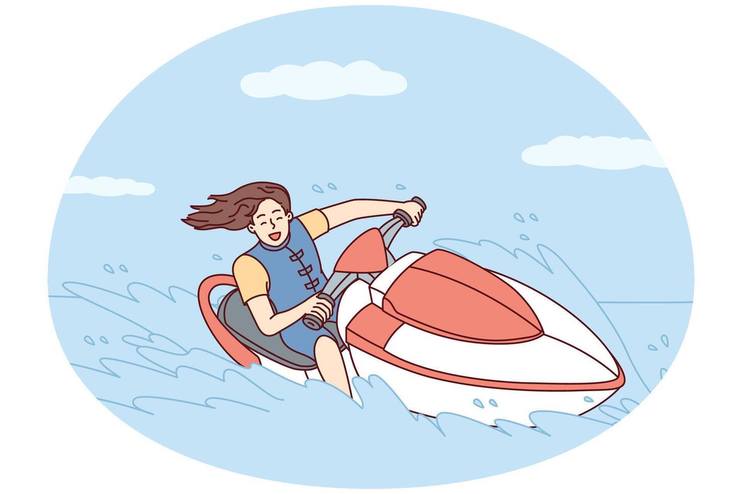 glücklich Frau mit fließend Haar Fahrten Jet Ski auf Meer während Sommer- Ausflug zu heiß Inseln. Vektor Bild