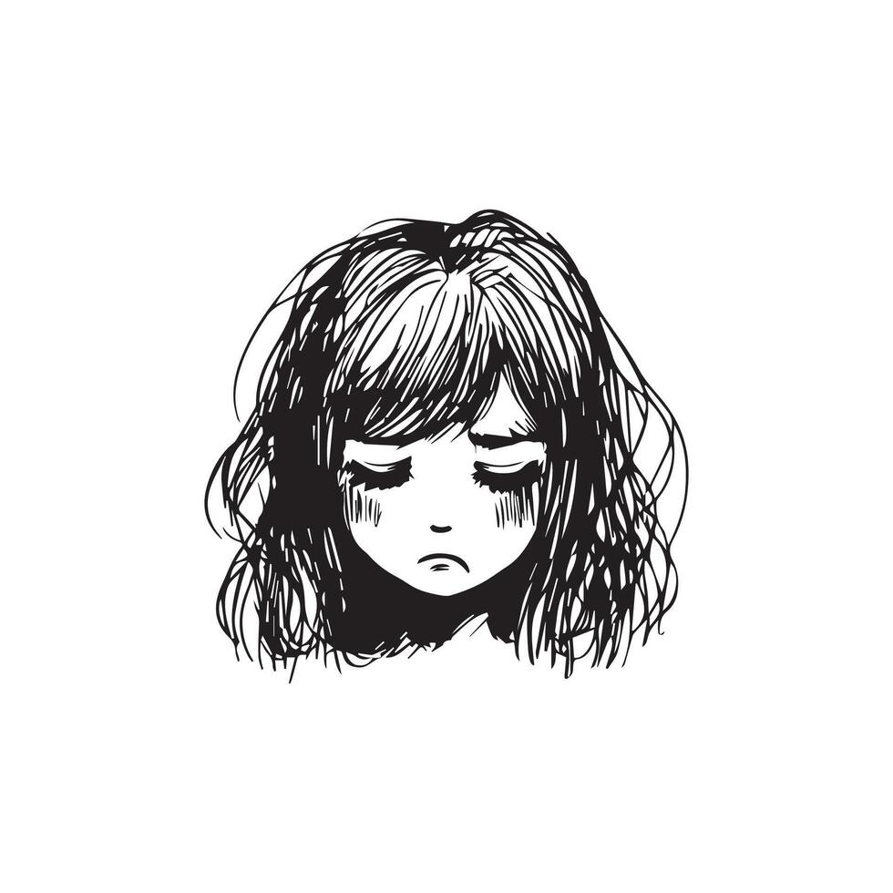 traurig Mädchen Gesicht scrible schwarz und Weiß vektor