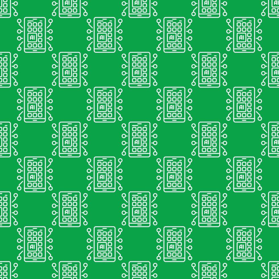 ai app på smartphone skärm vektor artificiell intelligens linjär grön sömlös mönster