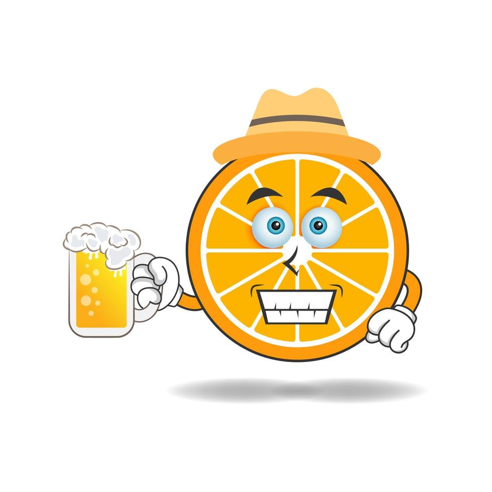 den orange maskot karaktären håller ett glas fyllt med en drink. vektor illustration