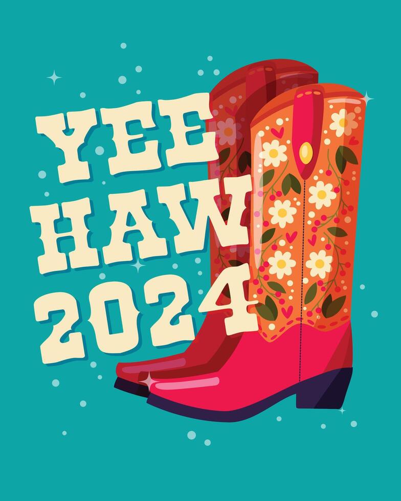 ein Paar von Cowboy Stiefel dekoriert mit Blumen und ein Hand Beschriftung Botschaft yeehaw 2024 auf Blau Hintergrund. glücklich Neu Jahr bunt Hand gezeichnet Vektor Illustration im hell beschwingt Farben.