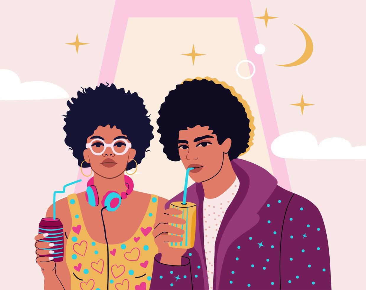 skraj afrikansk par med mjuk drycker. y2k syle illustration i trendig rosa och violett färger. vektor