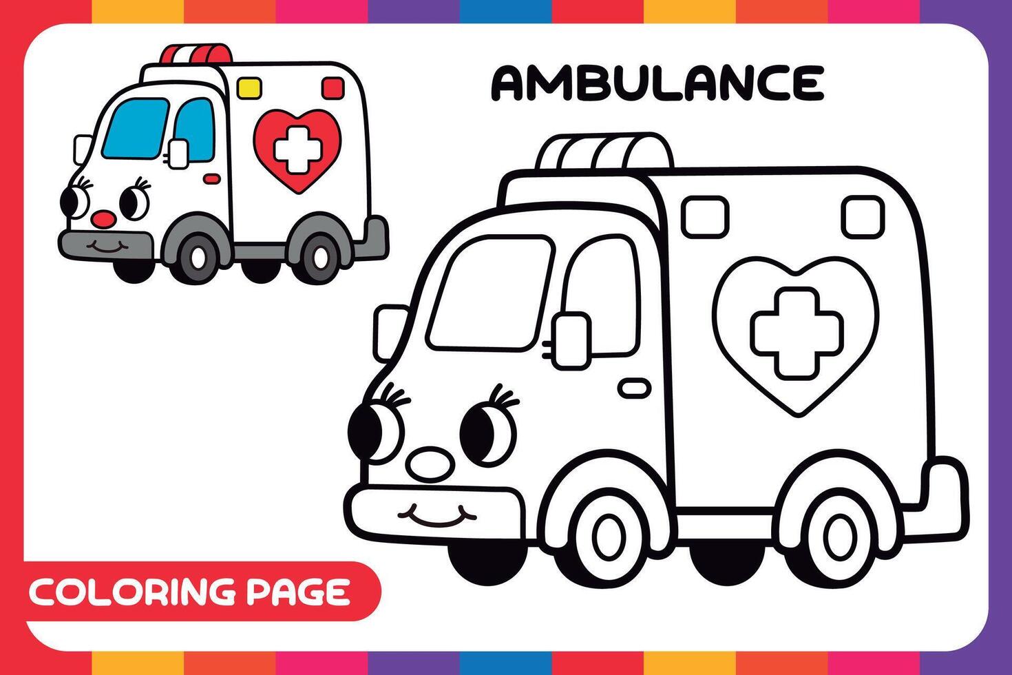 Färbung Seite von ein handgemalt Cartoon-Stil Krankenwagen zum Kinder vektor