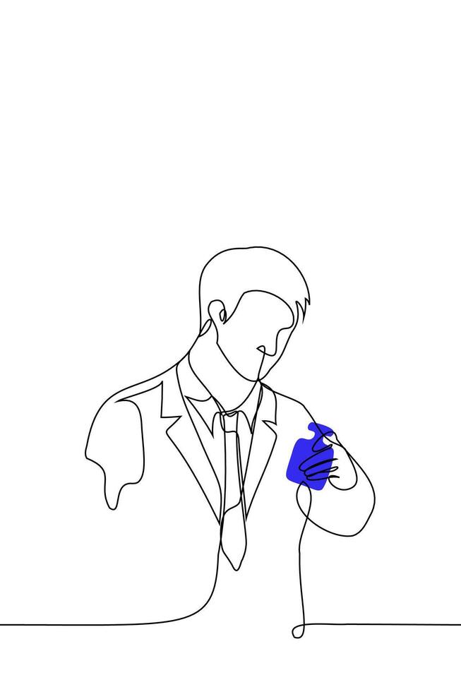 stilig man i företag kostym innehar flaska av herr- parfym i blå Färg - ett linje teckning. begrepp av uppköp gåva för män, välja parfym för själv vektor