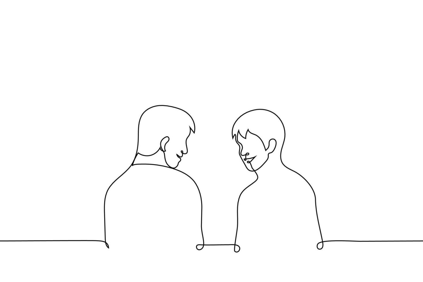 zwei Männer Stand schließen zu jeder andere und Lächeln - - einer Linie Zeichnung Vektor. Konzept freundlich Gespräch, Lachen zusammen, komisch Scherz vektor