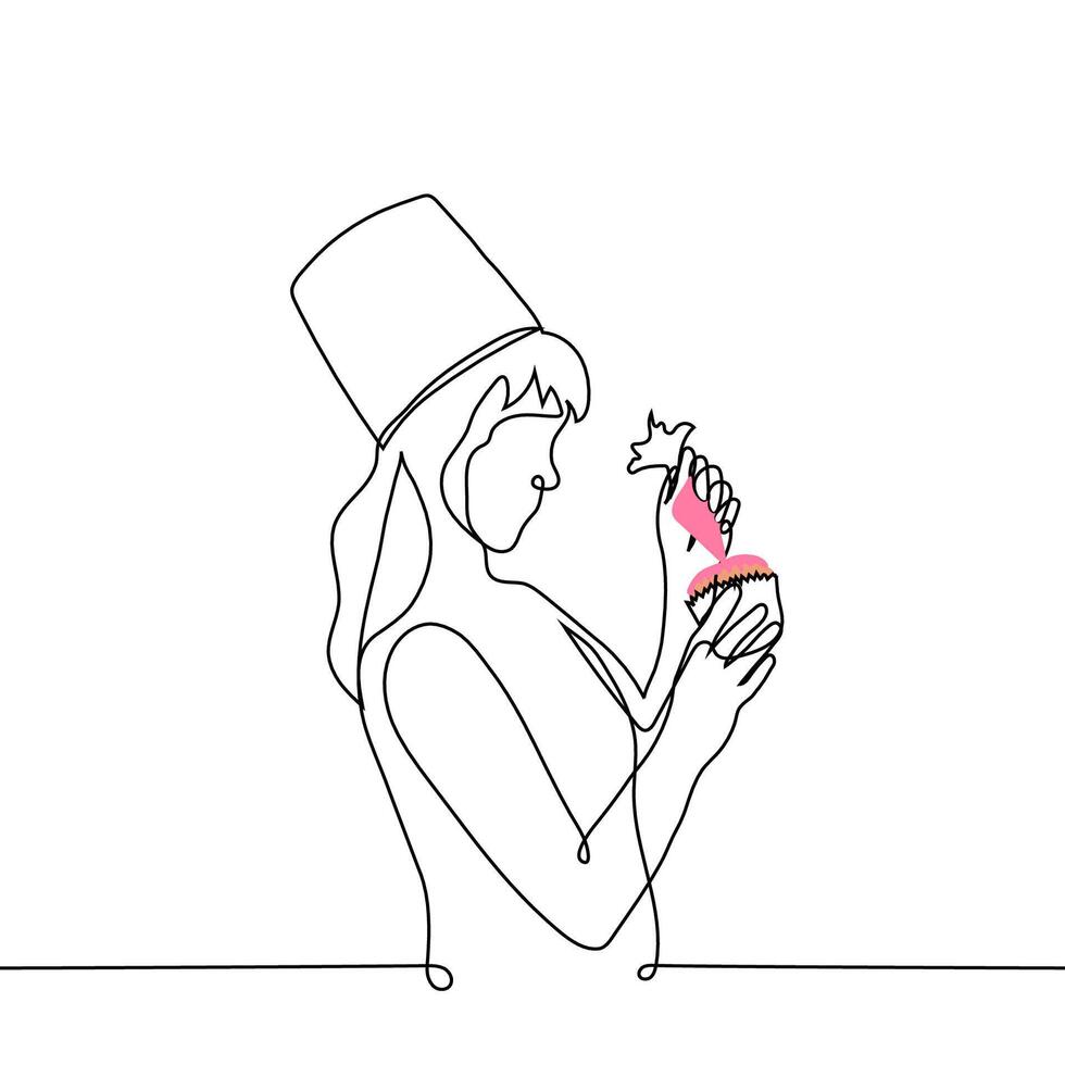 kvinna konditor i kockens hatt glas muffin - ett linje teckning vektor. begrepp kvinna bakverk kock i bearbeta, matlagning kurser vektor