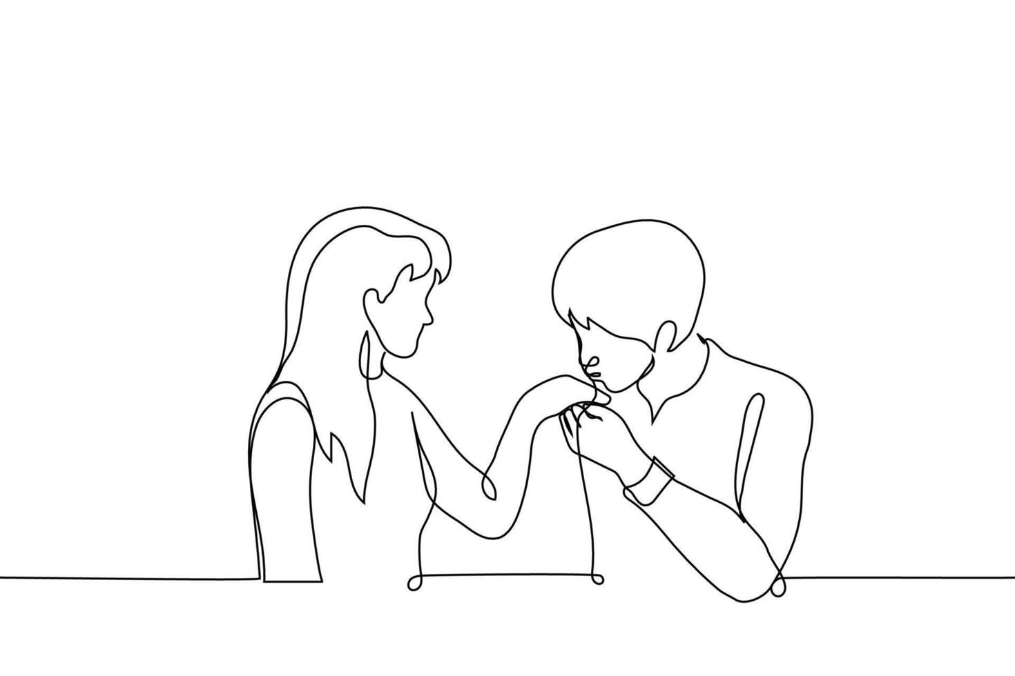 man kissing kvinnas hand - ett linje teckning vektor. begrepp herre vektor