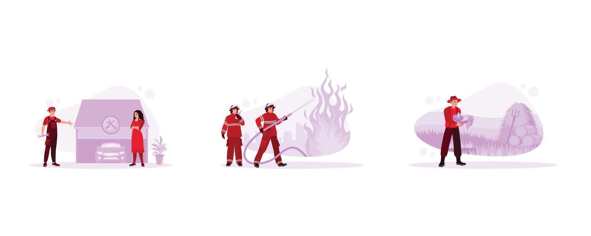 verschiedene Berufe Menschen Konzept. ein Mechaniker führt aus ein überprüfen. Feuerwehrleute im voll Uniform. jung Farmer tragen Hut und Stiefel. einstellen eben Vektor modern Illustration