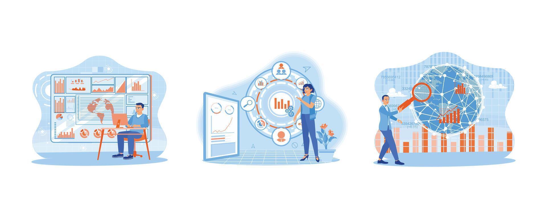 groß Daten Technologie zum Geschäft Finanzen Analyse. Geschäftsfrau Hand drückt das Geschäft Symbol Taste auf das virtuell Bildschirm. analysieren Büro finanziell Diagramme auf das Netz. vektor