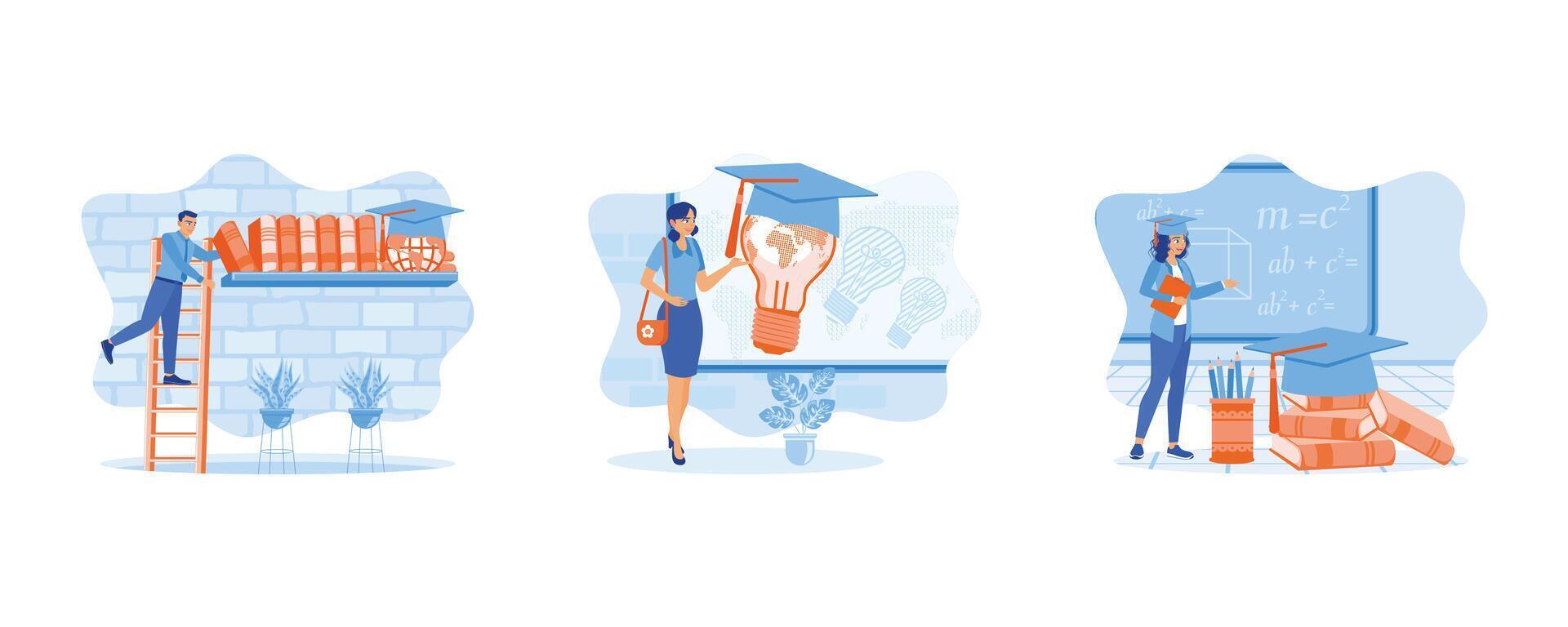 bearbeta till uppnå Framgång. innovation i de värld av utbildning. ung kvinna med dokument och bär en gradering keps. uppsättning platt vektor illustration.