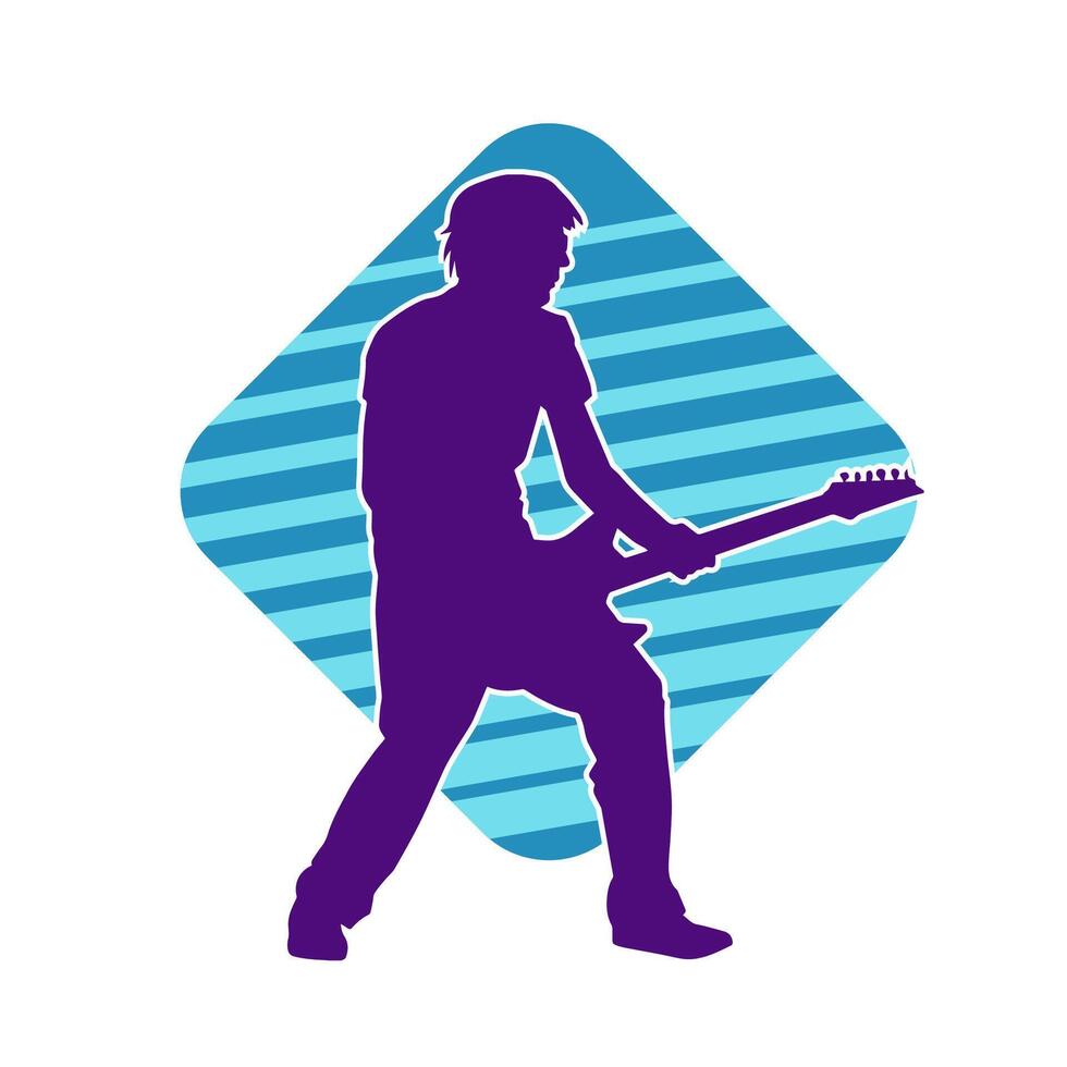 Silhouette von ein Musiker spielen elektrisch Gitarre Musical Instrument. Silhouette von ein männlich Gitarre Spieler durchführen. vektor