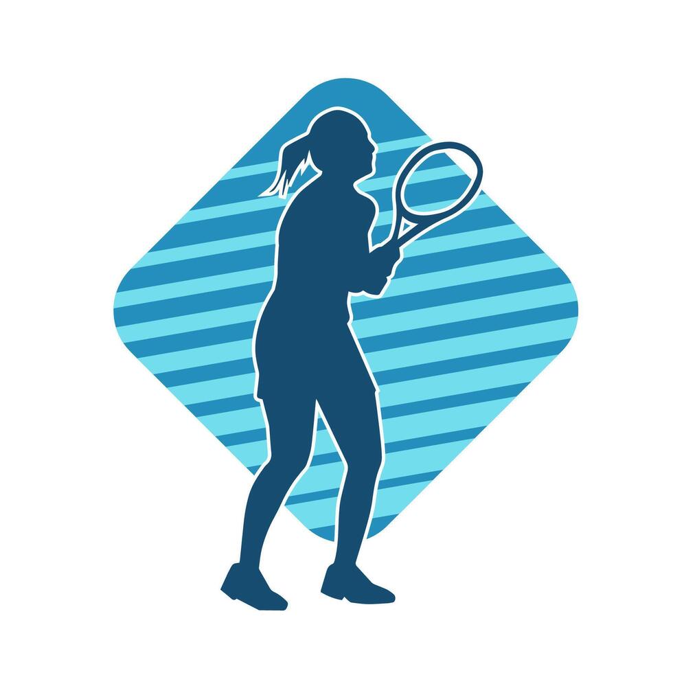 Silhouette von ein weiblich Tennis Spieler im Aktion Pose. Silhouette von ein Frau spielen Tennis Sport mit Schläger. vektor