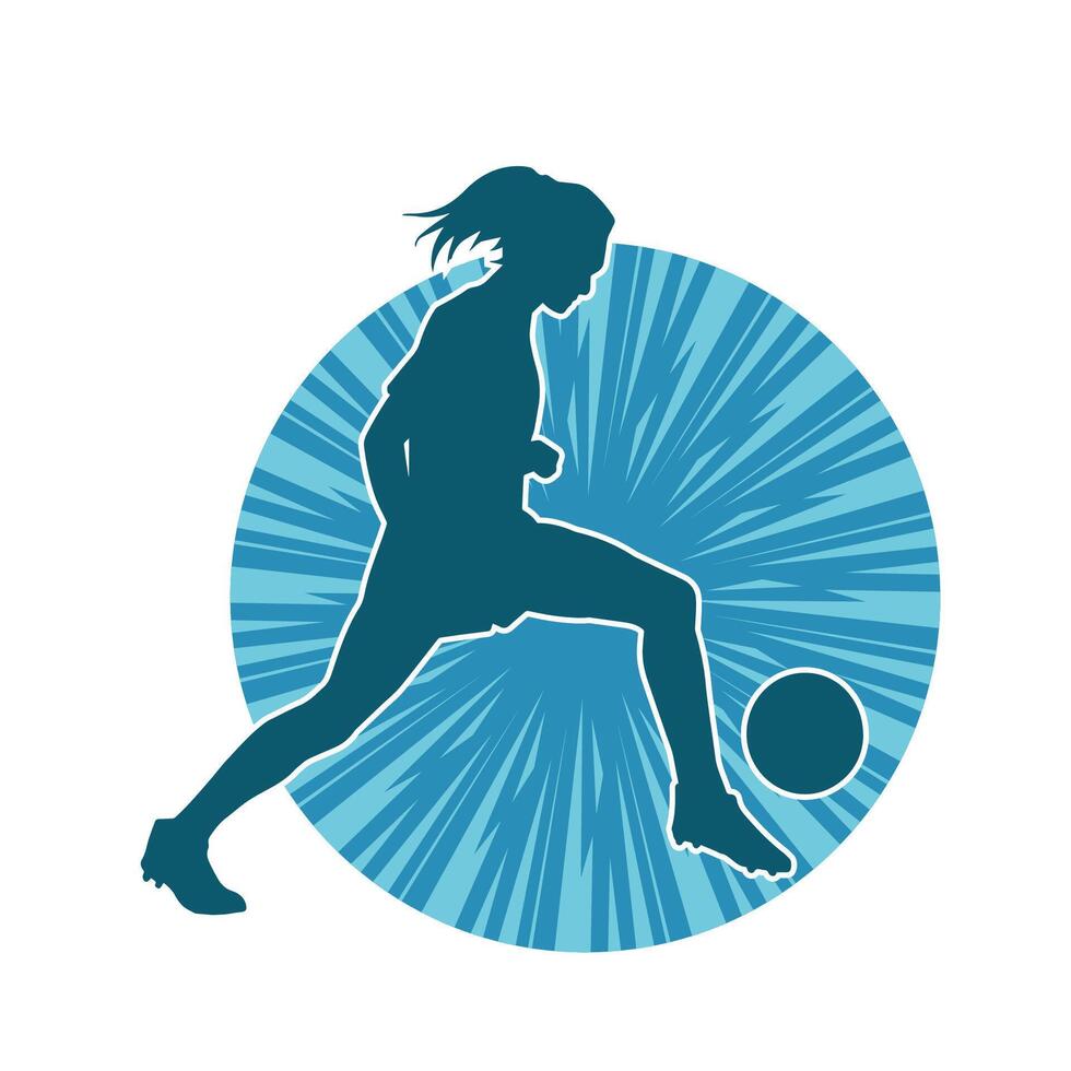 Silhouette von ein weiblich Fußball Spieler treten ein Ball. Silhouette von ein Fußball Spieler Frau im Aktion Pose. vektor