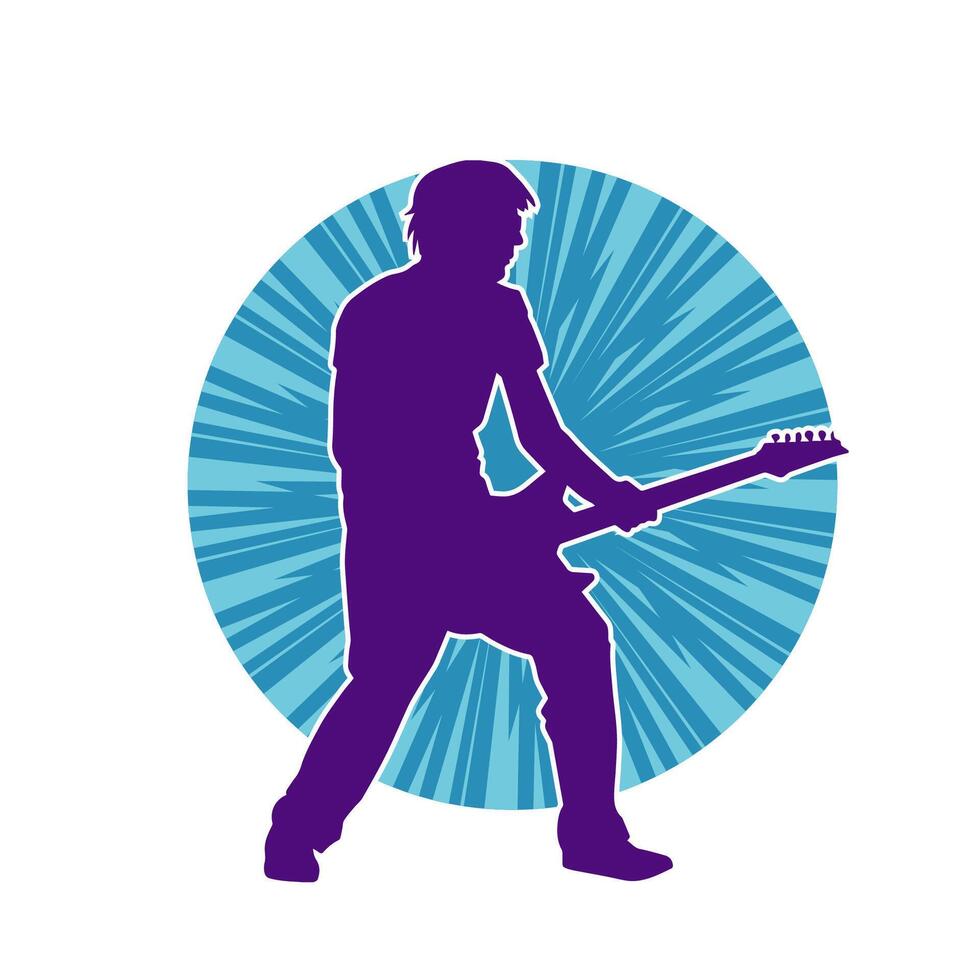silhuett av en musiker spelar elektrisk gitarr musikalisk instrument. silhuett av en manlig gitarr spelare utför. vektor