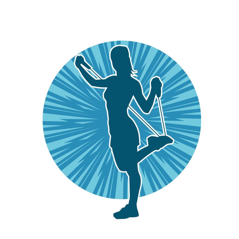 Silhouette von ein sportlich Frau beim Fitnessstudio trainieren mit ziehen Seil. Fitness Übung Schnüre ziehen Seil strecken Widerstand Ausbildung. vektor