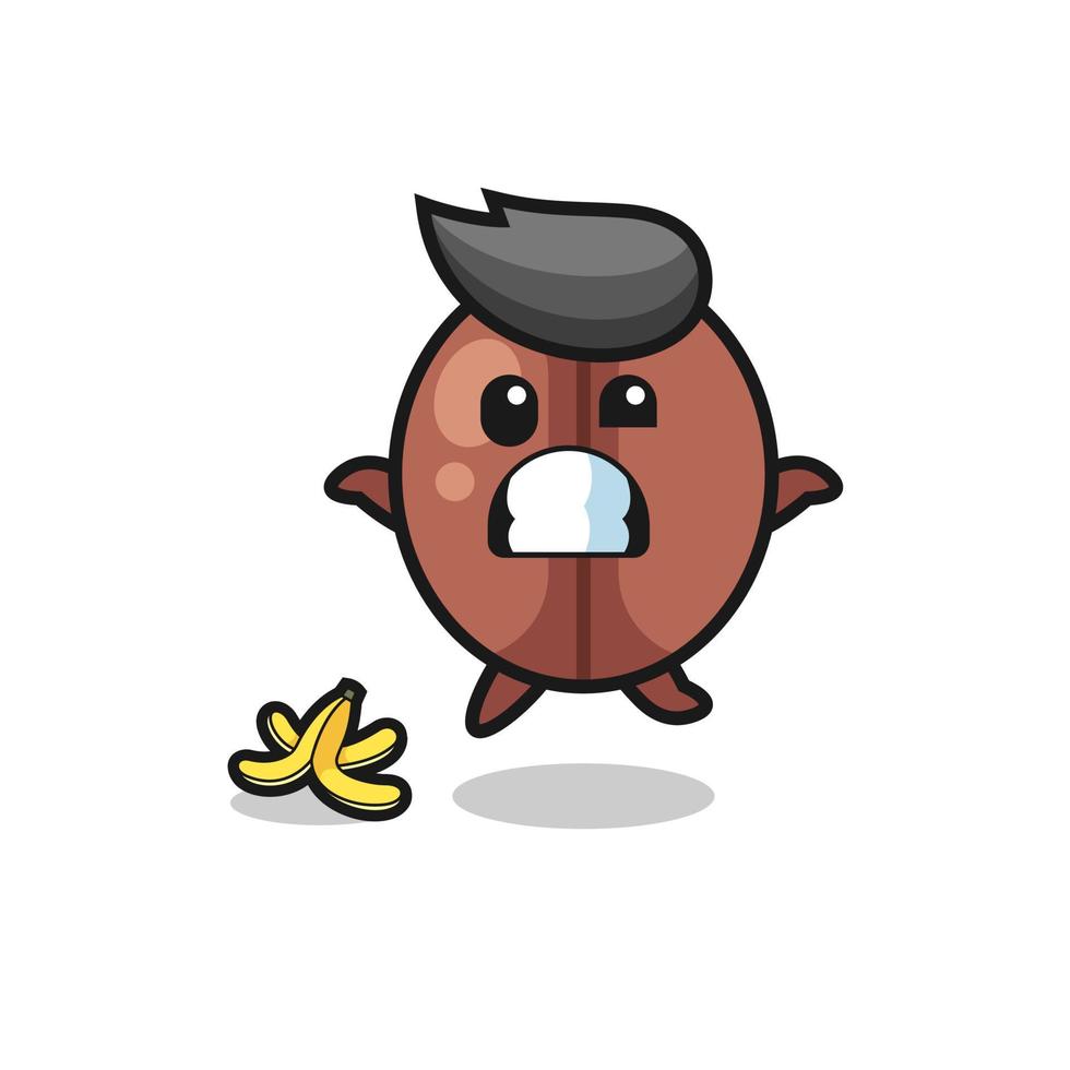 Kaffeebohne-Cartoon ist Slip auf einer Bananenschale vektor