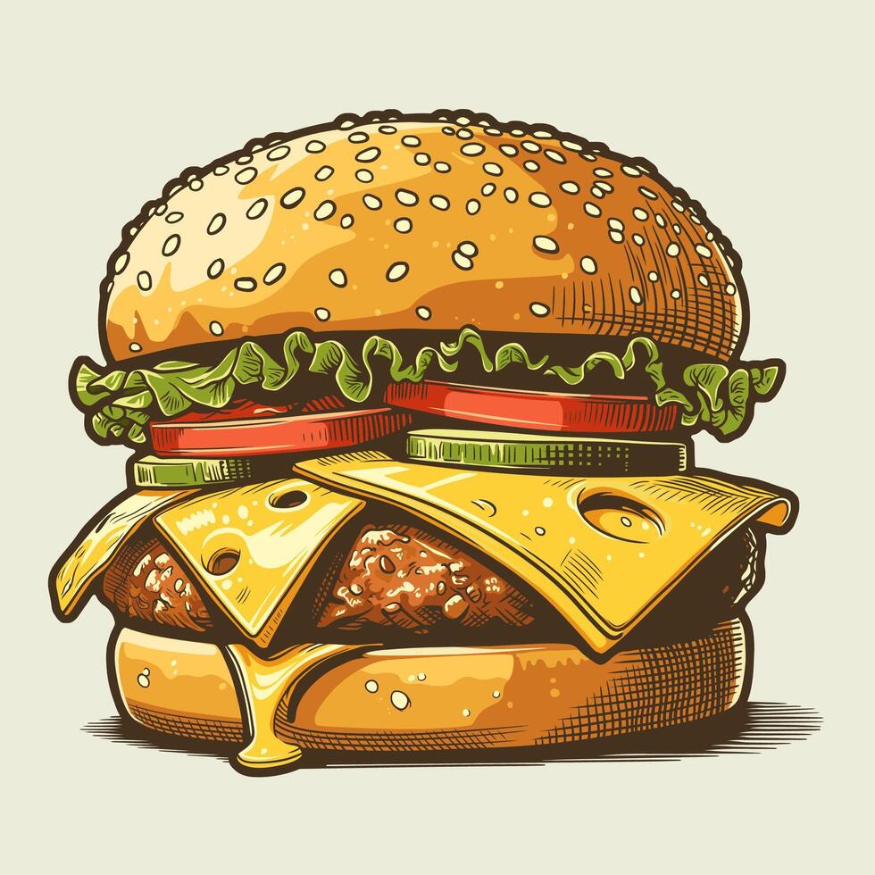 ai generiert Hamburger Vektor Illustration. Hand gezeichnet Cheeseburger mit Käse und Grüner Salat.