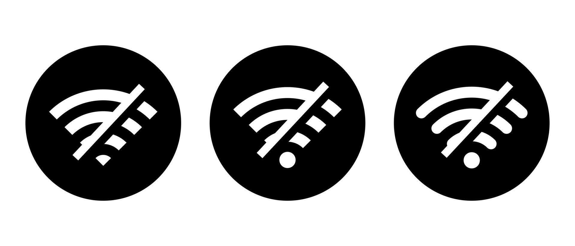 koppla ifrån wiFi ikon uppsättning samling på svart cirkel. förlorat trådlös förbindelse tecken symbol vektor