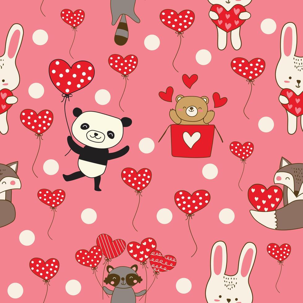 söt tecknad serie valentine skog djur cupid vinkel kärlek hjärta rosa röd sömlös mönster textil- bakgrund vektor illustration