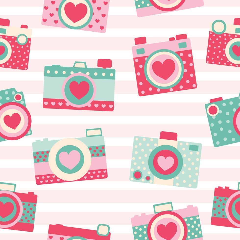 valentine söt rosa röd kärlek hjärta Foto kamera hand dragen sömlös mönster bakgrund vägg papper vektor ilustration