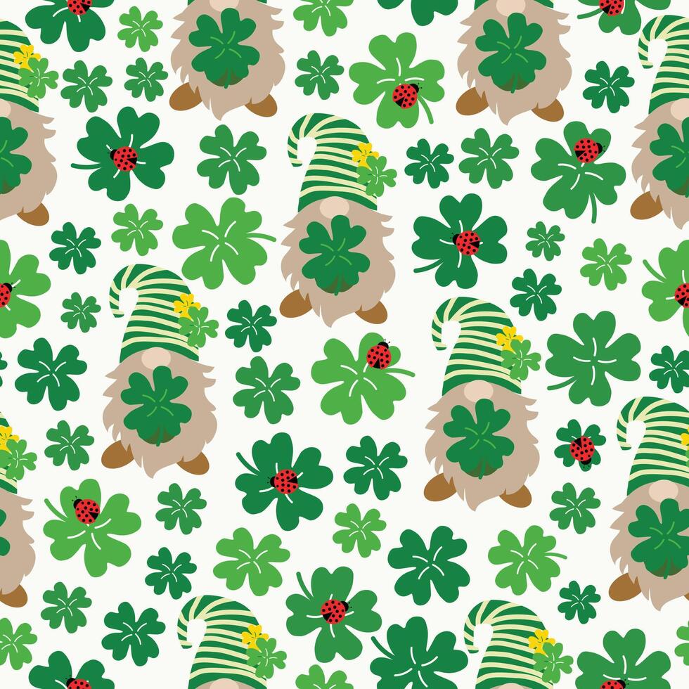 Glücklich Grün Kleeblatt Blätter mit Zwerge Hand gezeichnet nahtlos Muster Vektor Illustration