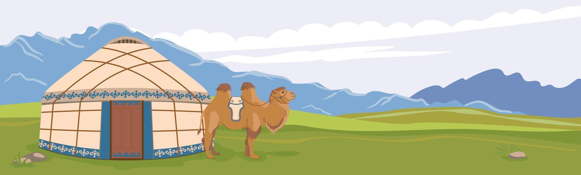mongolisch Landschaft. ein Jurte gegen das Hintergrund von Berge, ein inländisch Kamel Nächster zu das traditionell Wohnung von Nomaden. Grün Weiden, Vektor Illustration zum Reise Poster.