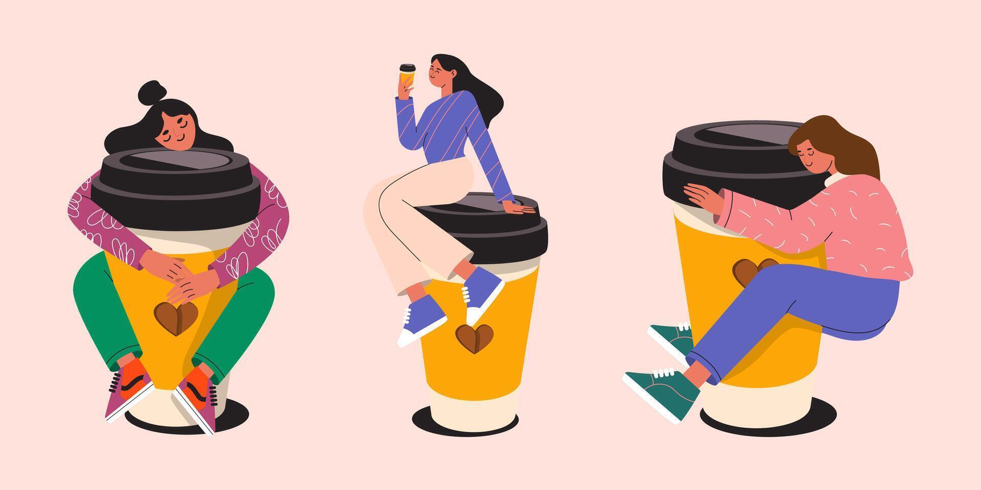 uppsättning av flicka med stor kopp av kaffe. vektor illustration.