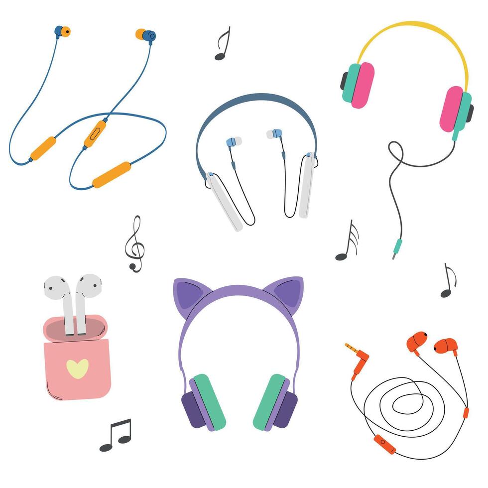 vektor uppsättning av tecknad serie hörlurar, trådlös modern hörlurar och trådbunden hörlurar