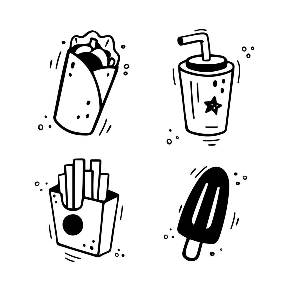 schnell Essen Symbole einstellen - - Schawarma, Burritos, Französisch Fritten, Papier Tasse mit trinken, Eis Creme. Hand gezeichnet schnell Essen Combo. Comic Gekritzel Stil. Snacks gezeichnet mit fühlte Trinkgeld Stift. Vektor Illustration