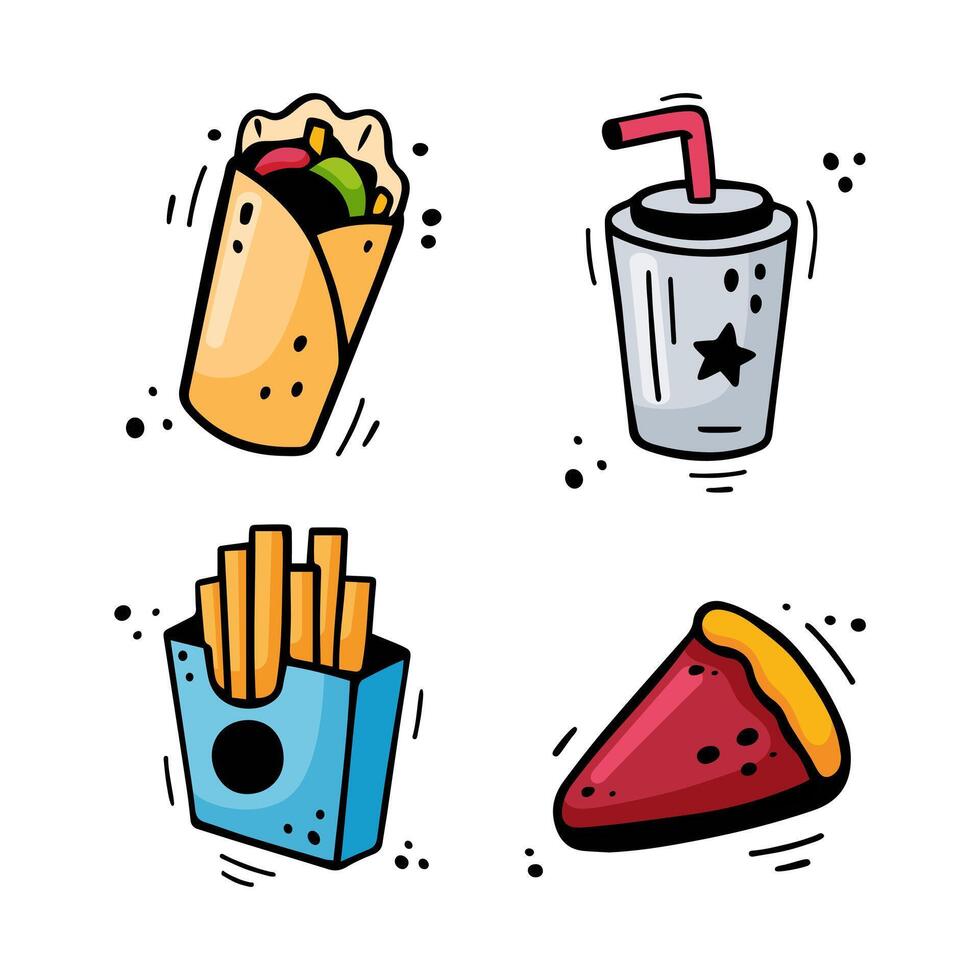 schnell Essen Symbole einstellen - - Schawarma, Burritos, Französisch Fritten, Papier Tasse mit trinken, Kuchen. Hand gezeichnet schnell Essen Combo. Comic Gekritzel Stil. bunt Snacks gezeichnet mit fühlte Trinkgeld Stift. Vektor Illustration