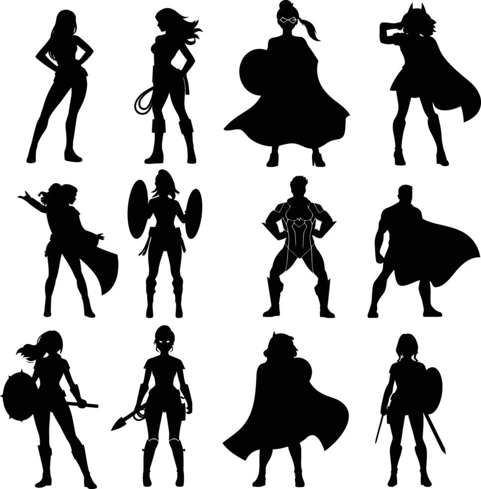 ai generiert Silhouette süß Frauen Held schwarz Farbe nur voll Körper vektor