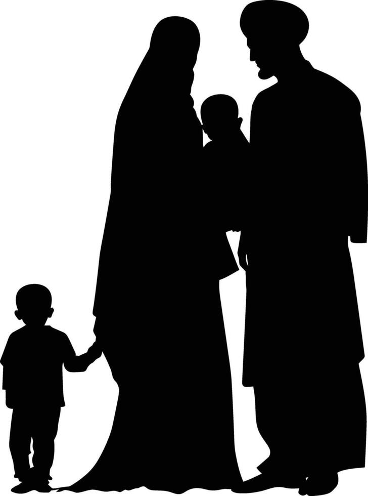 ai genererad silhuett Lycklig muslim familj svart Färg endast full kropp vektor