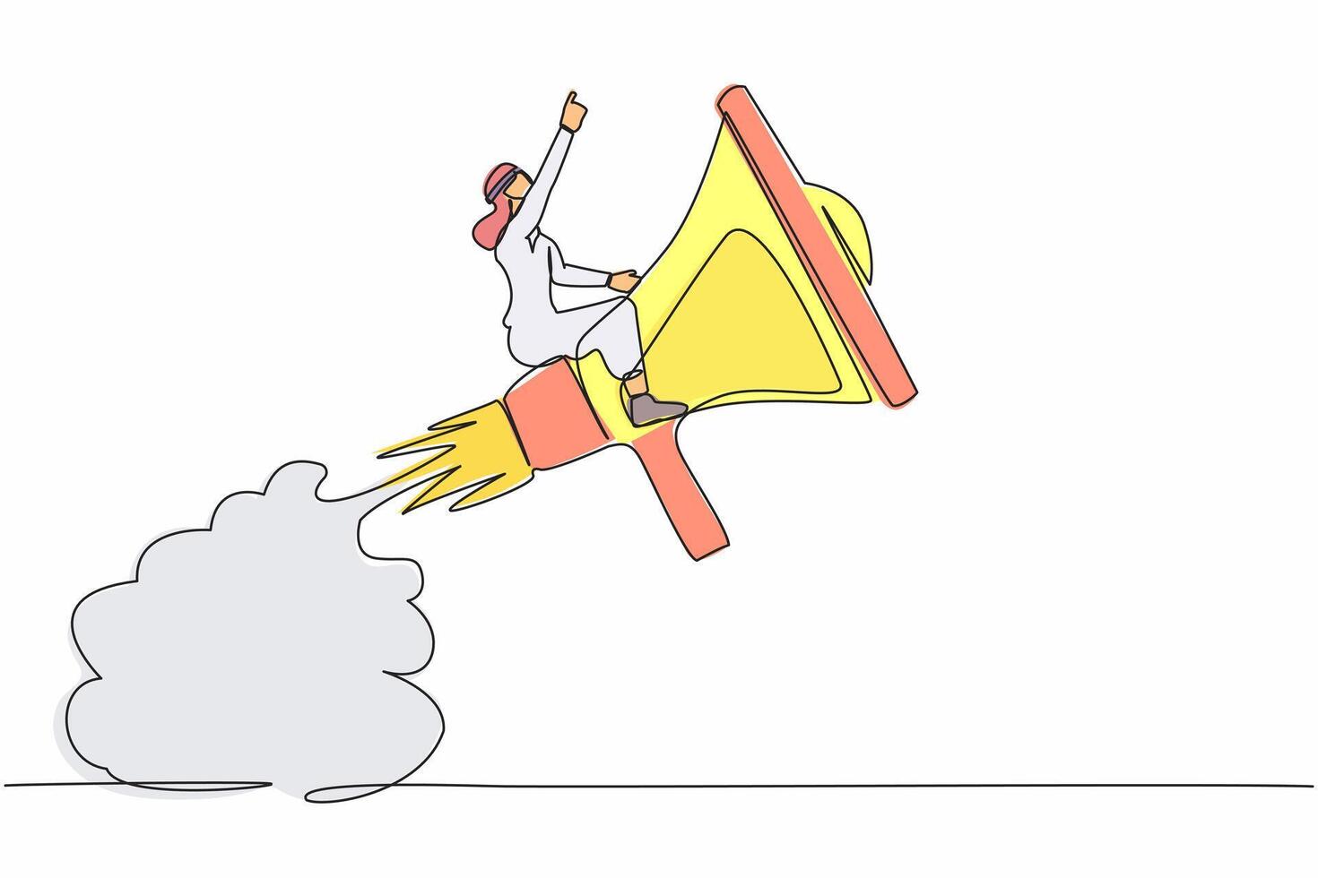 enda ett linje teckning arab affärsman ridning megafon raket flygande i himmel. snabb kommunikation, företag mjuk skicklighet till kommunicera med kund. kontinuerlig linje dra design vektor illustration