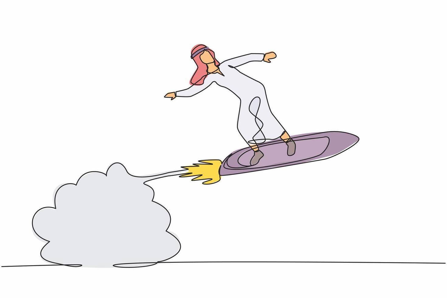 enda ett linje teckning arab affärsman ridning surfing styrelse raket flygande i de himmel. framgångsrik näringsidkare på topp av lönsamhet. företag Framgång. kontinuerlig linje dra design vektor illustration