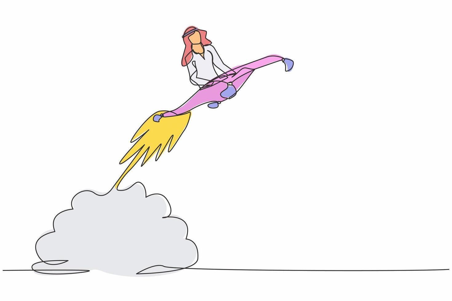 Single kontinuierlich Linie Zeichnung arabisch Geschäftsmann Reiten Magie Teppich Rakete fliegend im das Himmel. Anfang Geschäft Beschleunigung Konzept. erhöhen, ansteigen Der Umsatz Wachstum. einer Linie zeichnen Design Vektor Illustration