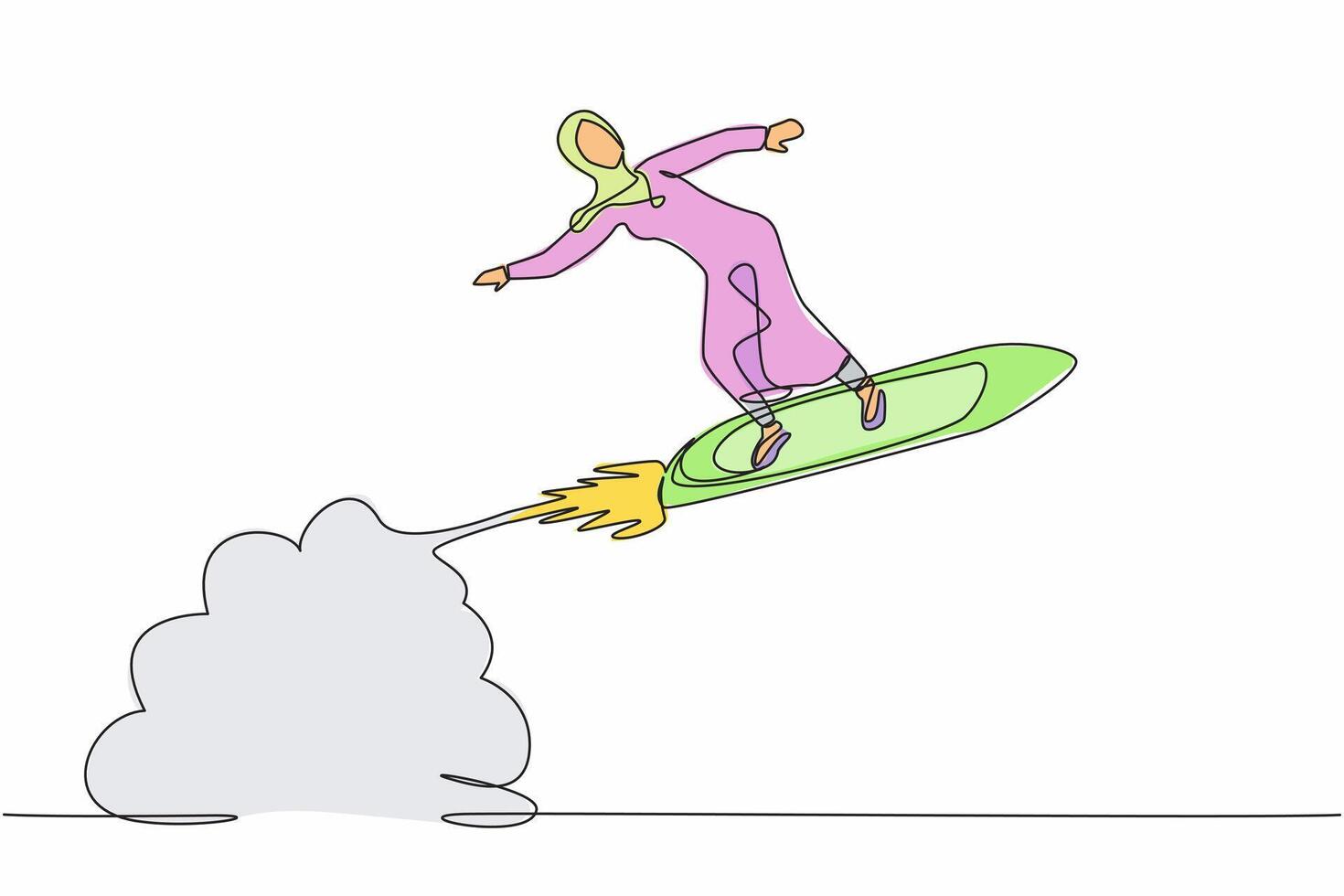 enda kontinuerlig linje teckning arab affärskvinna ridning surfing styrelse raket flygande i de himmel. rik entreprenör. sjösättning dollar kontanter pengar vågor projekt. ett linje design vektor illustration